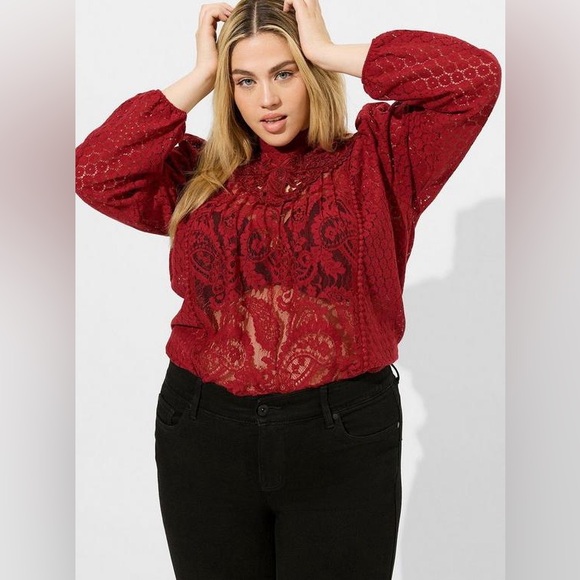 torrid Tops - Torrid Mixed Lace High Neck Top Blouse Size 1X Plus Size Victorian Whimsical Red